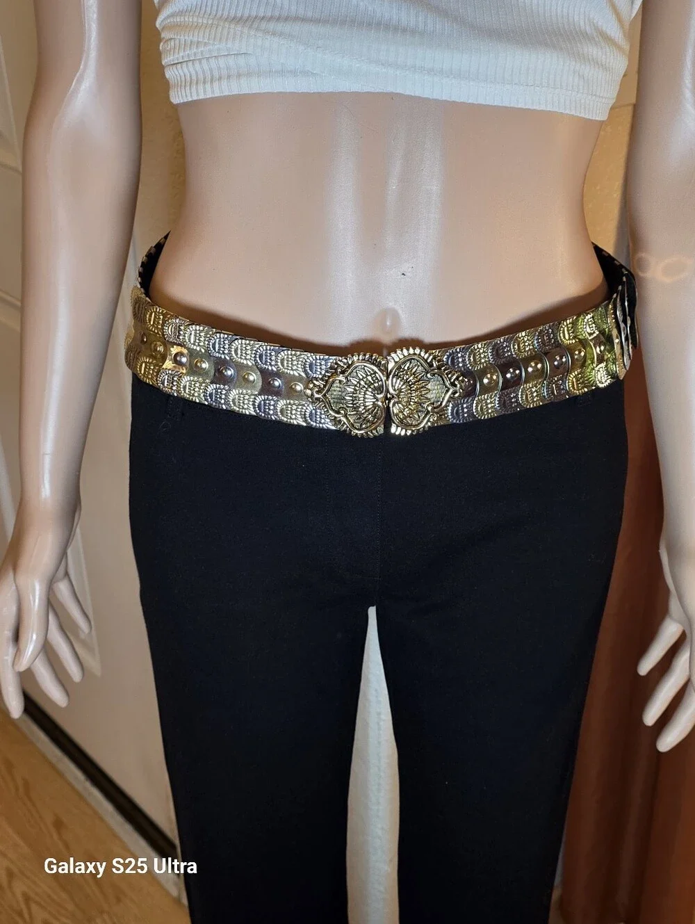 Vintage Ornate Mixed Metal Elastic Stretch Belt - Gold & Silver Filigree